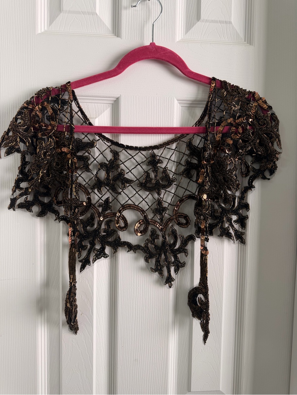 Vintage Hand-Beaded Mesh Capelet Shrug Metallic Bronze Sequin Evening Wrap One